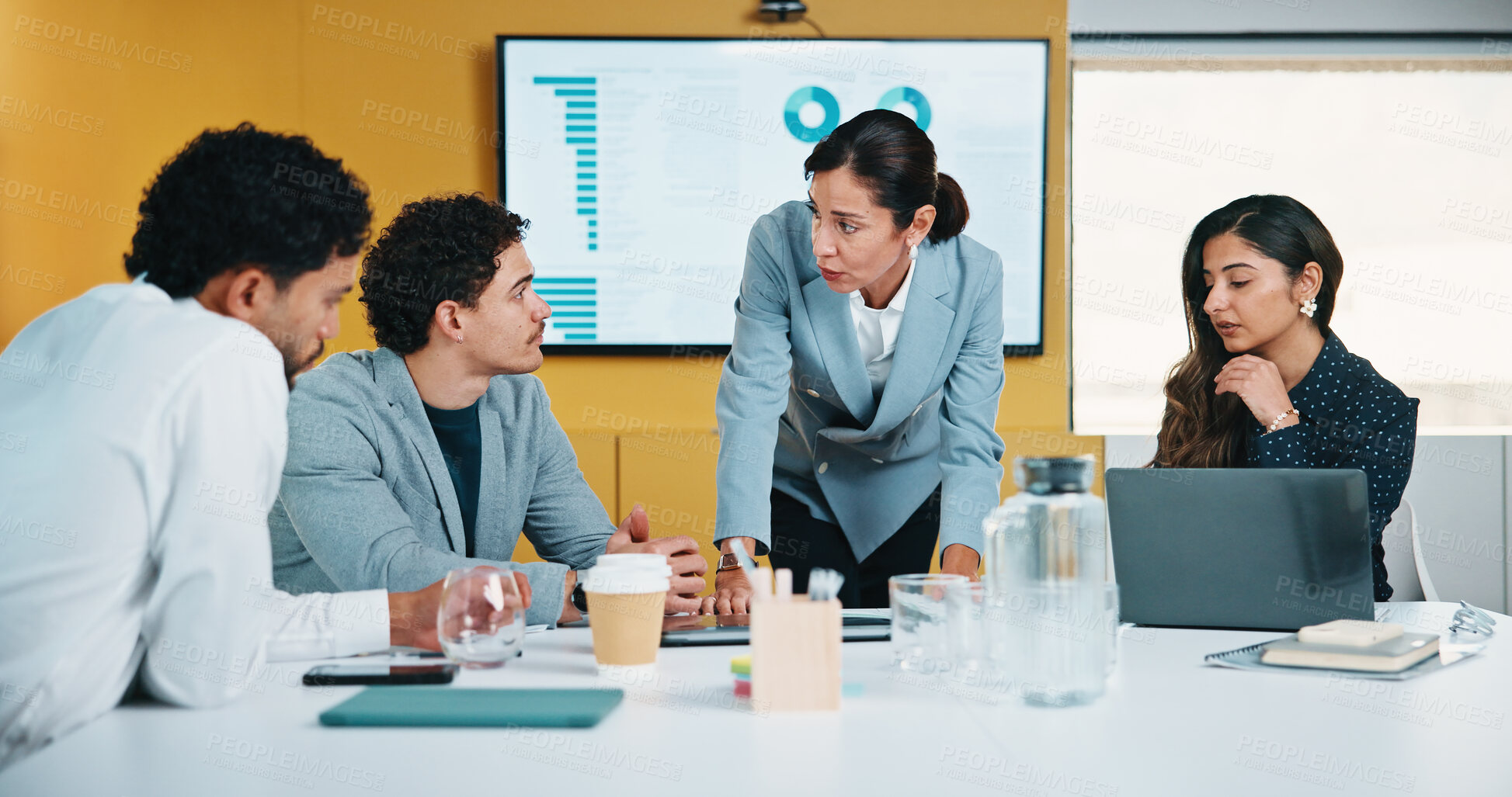 Buy stock photo Business people, meeting and discussion with statistics for performance review or company revenue. Group, employees or colleagues with graph, chart or analytics for corporate investment or growth