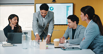 Buy stock photo Presentation, budget and man in office with business people for company profit, revenue and pitch. Administration, meeting and financial manager with digital tech for graphs, approval or promotion