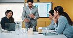 Presentation, report and man in office with business people for company profit, revenue and pitch. Administration, meeting and financial manager with digital tech for graphs, accounting and review
