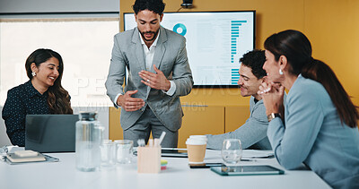 Buy stock photo Presentation, report and man in office with business people for company profit, revenue and pitch. Administration, meeting and financial manager with digital tech for graphs, accounting and review