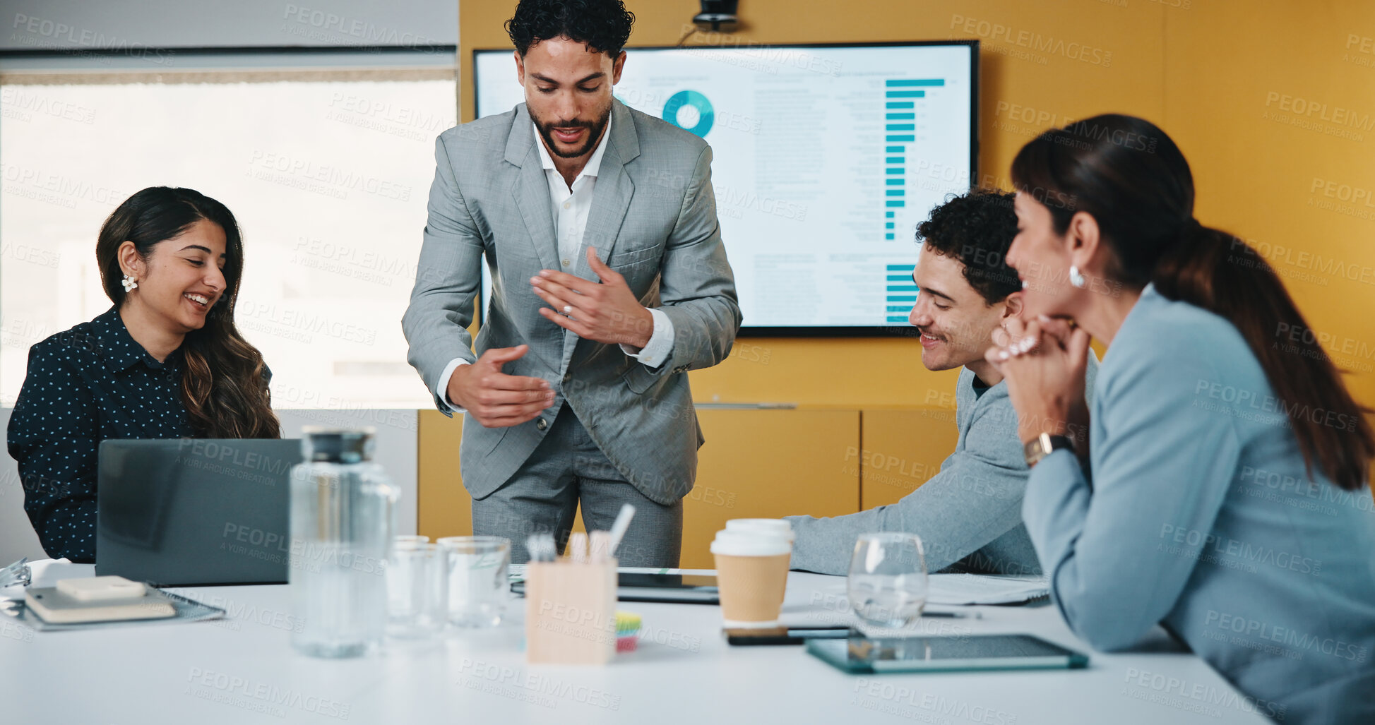 Buy stock photo Presentation, report and man in office with business people for company profit, revenue and pitch. Administration, meeting and financial manager with digital tech for graphs, accounting and review