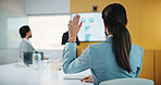 Woman, hand raised and question in presentation for business, opinion and attention with gesture in office. Workshop, team meeting and back of person for employee engagement, voting and pitch ideas