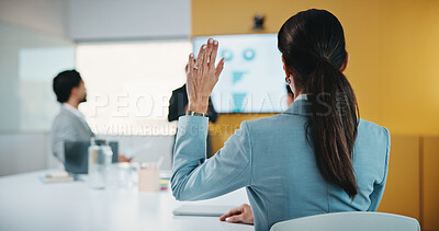 Buy stock photo Woman, hand raised and question in presentation for business, opinion and attention with gesture in office. Workshop, team meeting and back of person for employee engagement, voting and pitch ideas