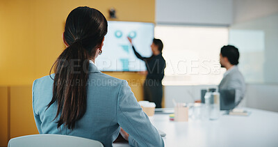 Buy stock photo Finance, presentation and back of woman in meeting for company growth, revenue and budget review. Corporate, office and business people with statistics for financial report, investment and research