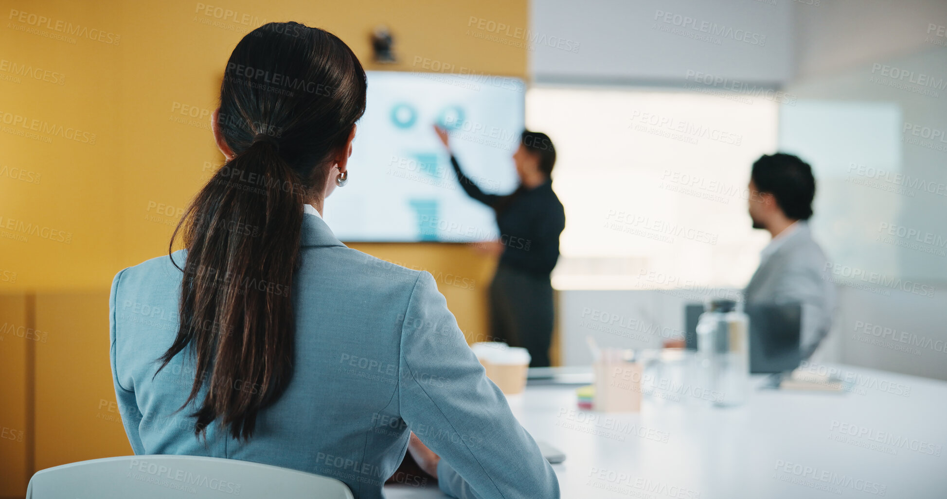 Buy stock photo Finance, presentation and back of woman in meeting for company growth, revenue and budget review. Corporate, office and business people with statistics for financial report, investment and research