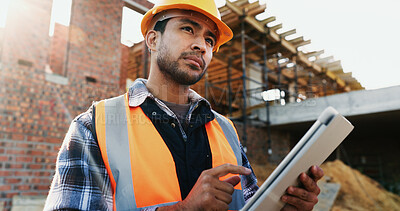 Buy stock photo Thinking, architect and man with tablet at construction site, inspection and project updates on web. Outdoor, civil engineer and person with tech for property development, report and quality control