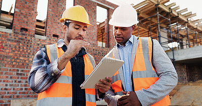 Buy stock photo Team, discussion and men with tablet at construction site, civil engineer and project update on web. Outdoor, architecture and people with tech for property development, talking and quality assurance