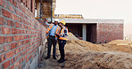 Team, inspection and men with tablet at construction site, civil engineer and project update on web. Outdoor, architecture and people with tech for property development, talking and quality assurance