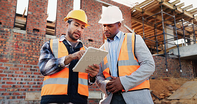 Buy stock photo Team, scroll and men with tablet at construction site, civil engineer and project update on website. Outdoor, architecture and people with tech for property development, talking and quality assurance