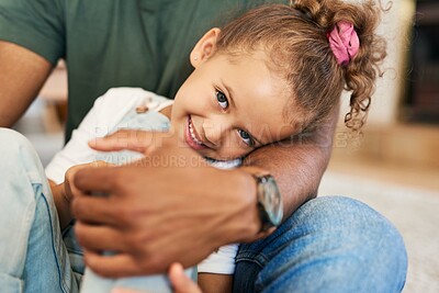 Buy stock photo Hug, portrait and girl smile with father for bonding, safety or security of family home. Arm, development and trust for single parent man with daughter in apartment for growth, love or support
