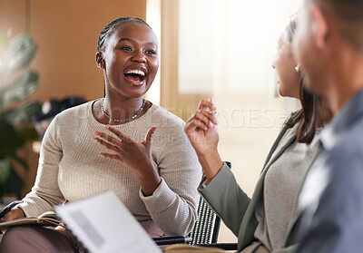 Buy stock photo Business woman, meeting and discussion in office, team planning or pitch ideas for project. Conversation, smile and corporate female person with coworkers for strategy or professional collaboration