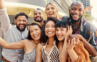 Buy stock photo Happy, portrait or friends outdoor with hug, reunion celebration or good time on weekend break. Smile, diverse or people in city with embrace, fun gathering or group bonding with connection.