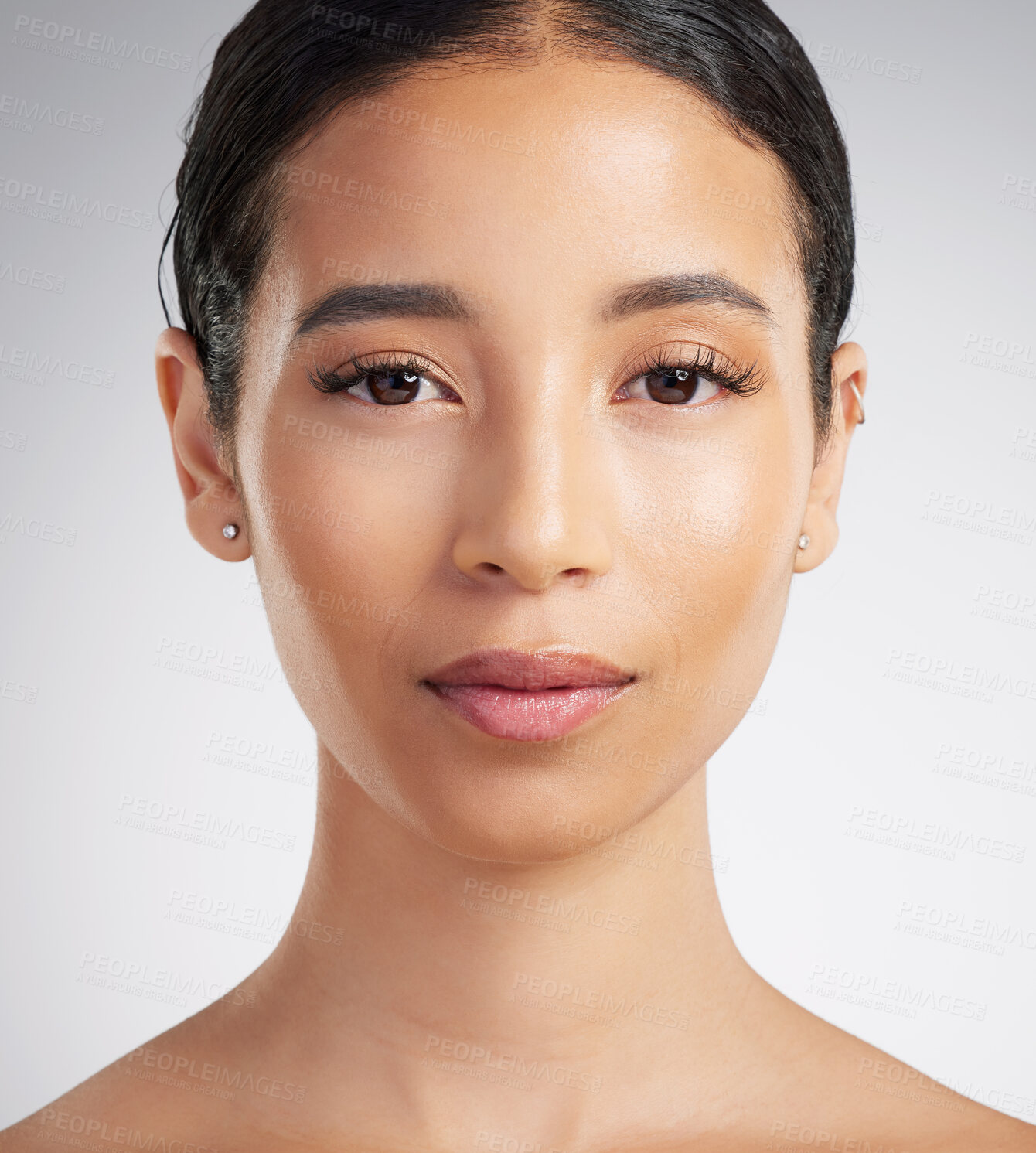 Buy stock photo Beauty, portrait and wellness with woman in studio for cosmetology or dermatology results. Collagen, facial and skincare with confident person on white background for cosmetics or foundation