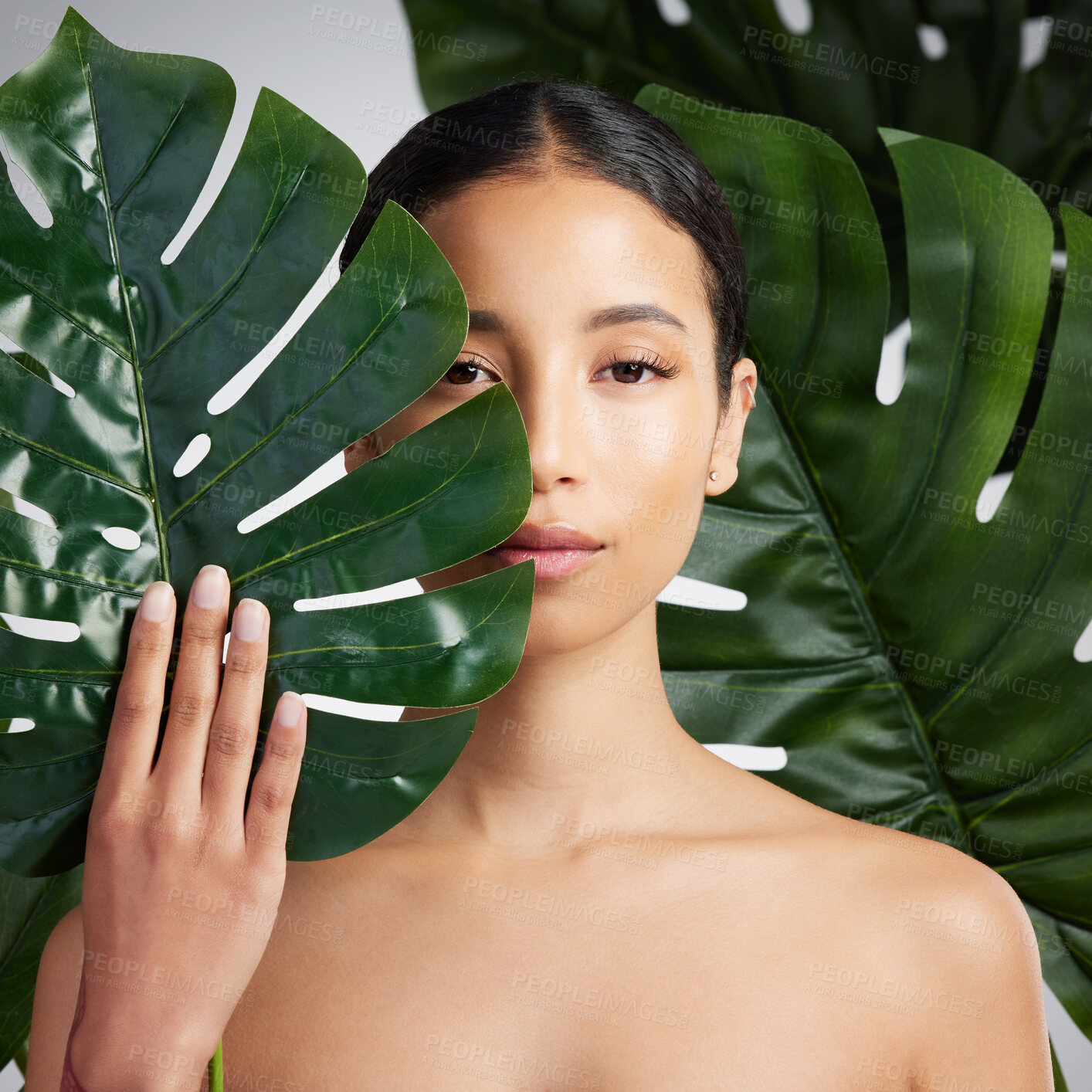 Buy stock photo Portrait, woman and skincare in studio with leaves, natural cosmetics or sustainability for wellness. Person, monstera plant and organic dermatology with glow, self care or beauty on white background