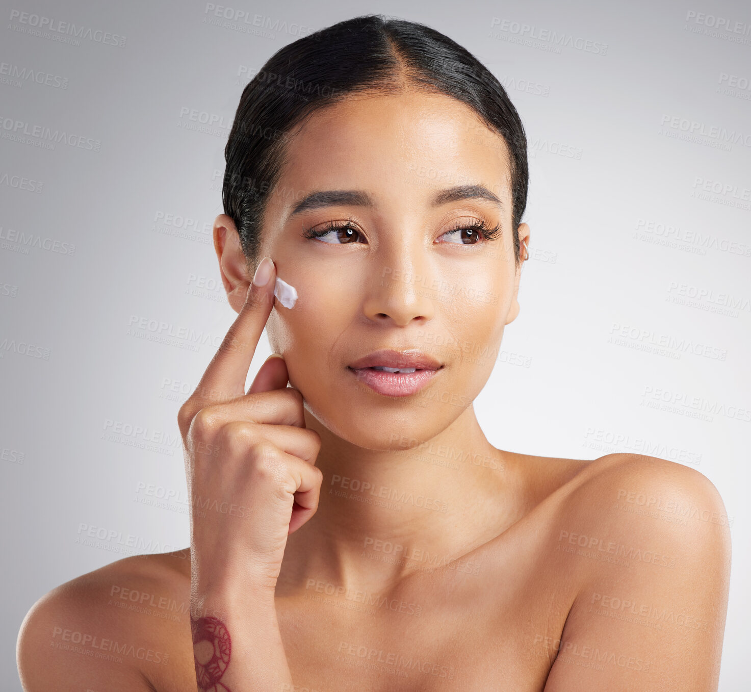 Buy stock photo Skincare, shine or woman in studio with moisturizer, anti aging or facial care in spf lotion. Dermatology, collagen or person with product, sunscreen protection or glow treatment on white background.