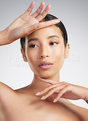 Buy stock photo Woman, thinking and skincare in studio with wellness, eyelash extension and self care for beauty. Female person, lash lift and grooming with dermatology, glowing skin or thoughts on white background.