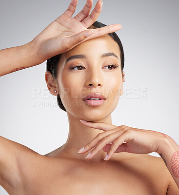 Buy stock photo Skincare, thinking and woman with glow in studio, dermatology and natural beauty on white background. Cosmetics idea, shine and serious person with skin wellness, health and self care for aesthetic