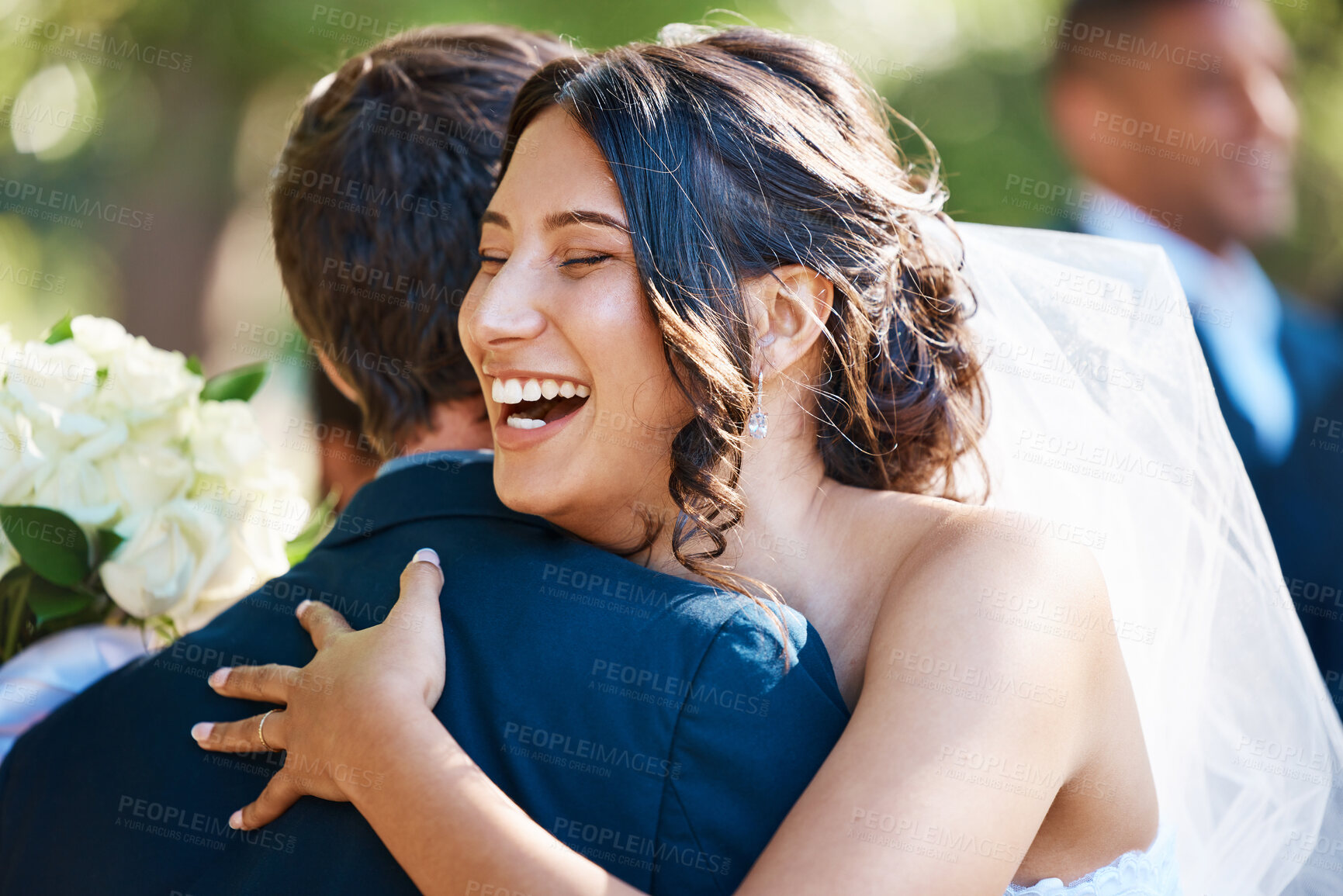 Buy stock photo Hug, laughing and wedding with couple outdoor together for celebration or marriage or matrimony. Funny, love and romance with excited people embracing in summer for commitment as bride and groom