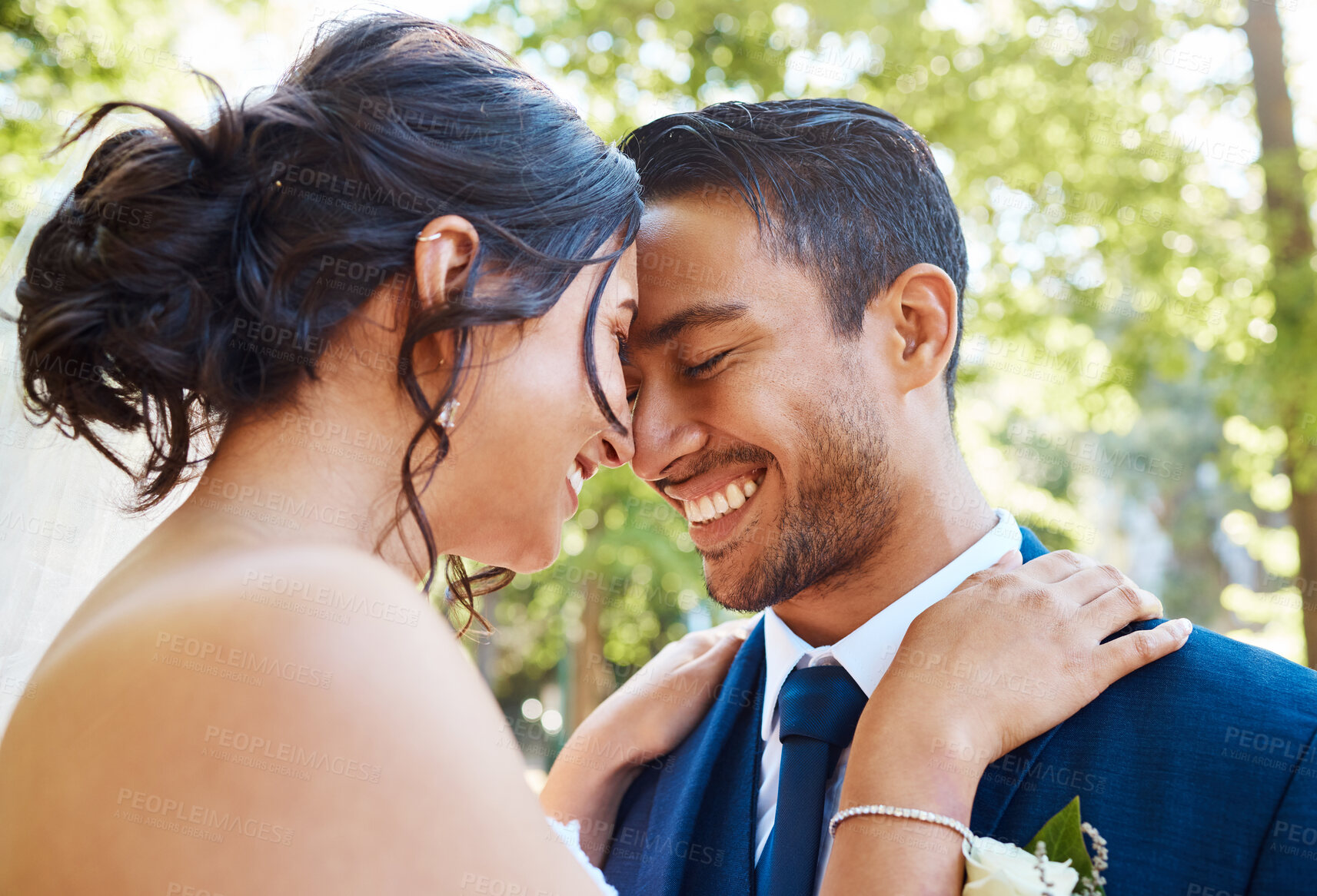 Buy stock photo Wedding, forehead touch or happy couple in park with trust, partner or romantic moment in union ceremony. People, bride or groom with smile, companion or emotional connection in marriage celebration.
