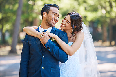 Buy stock photo Hug, wedding and couple with smile outdoor for marriage, love or commitment in nature. Bride, groom and embrace for affection, nuptials and people with partner for support and connection in park 