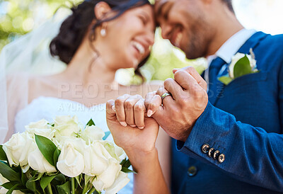 Buy stock photo Hands, couple and wedding ring with pinky promise outdoor for commitment, loyalty and vow to love. People, bride and groom with jewelry at ceremony for marriage partnership, celebration and bouquet