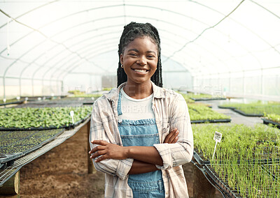 Buy stock photo Smile, black woman and farmer with arms crossed in for agriculture, sustainable and plant growth. Portrait, person and farming with food production, harvest crops and organic produce in greenhouse