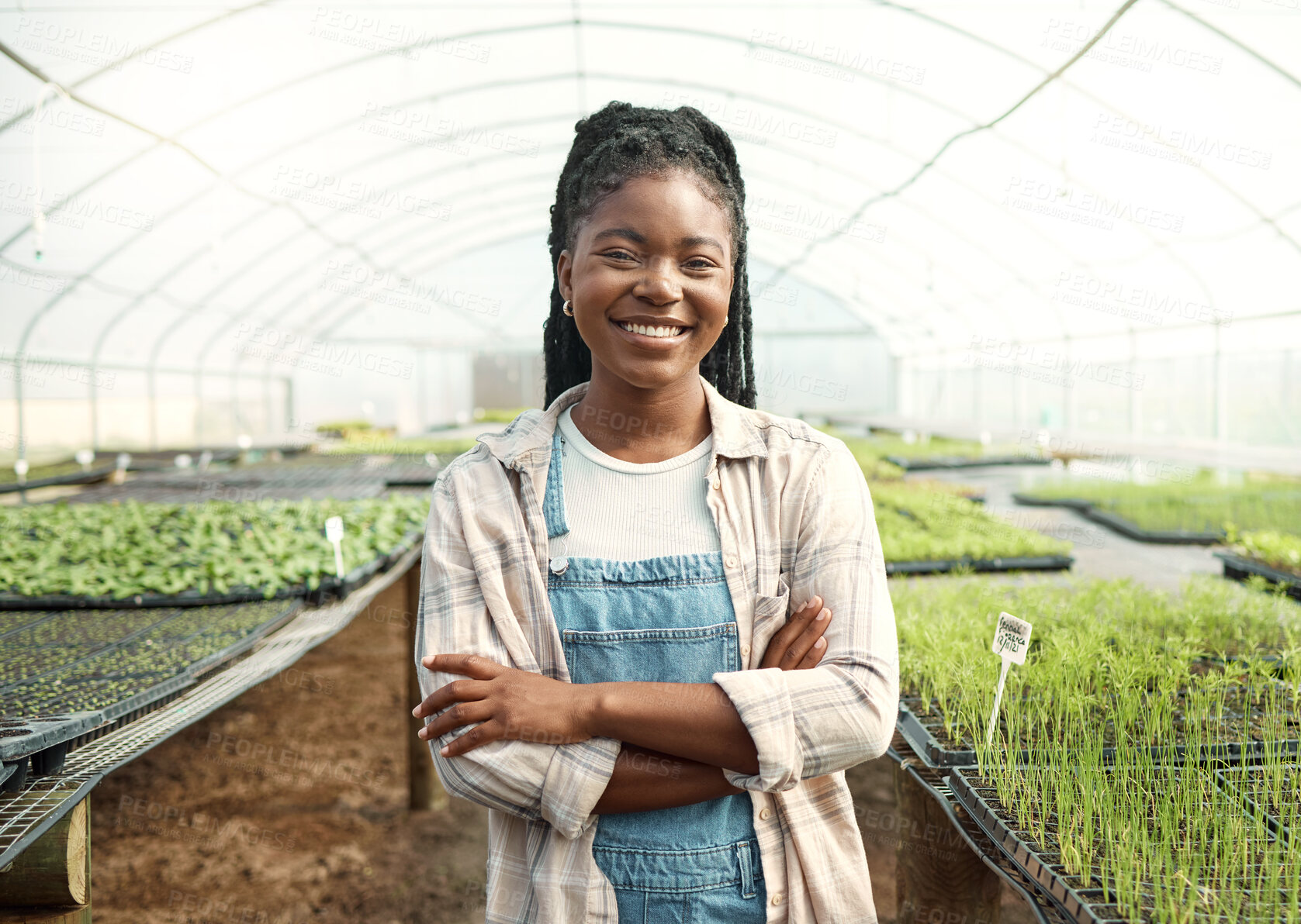 Buy stock photo Smile, black woman and farmer with arms crossed in for agriculture, sustainable and plant growth. Portrait, person and farming with food production, harvest crops and organic produce in greenhouse