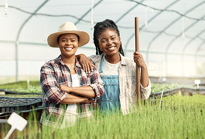 Buy stock photo Portrait, black women and farmer with smile in greenhouse for career pride, about us and agriculture. Happy, people or teamwork for farming, sustainable business and harvest crops for food production