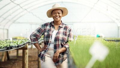 Buy stock photo Portrait, black woman and farmer with smile in greenhouse for career pride, about us and agriculture. Happy, female person and ambition for farming, sustainable business and crops for food production