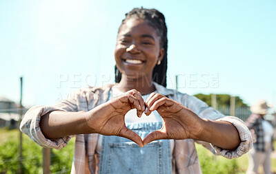 Buy stock photo Portrait, smile or farmer in countryside with heart hands, love gesture or gratitude for organic business. Happy, space or black woman with emoji, appreciation or compassion in agriculture industry
