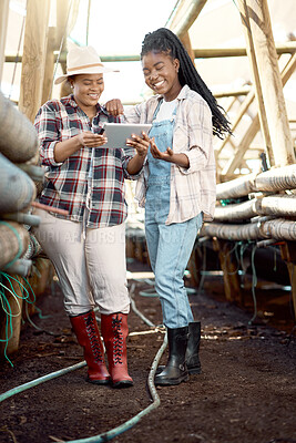 Buy stock photo Black people, tablet and agriculture with inspection, smile for growth or digital report in quality assurance. Production, farming and female farmer team for agro development, tech and crop progress