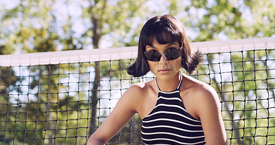 Buy stock photo Portrait, woman and university student on campus court for college, opportunity or confidence. Pride, net and person outdoor for studying with sunglasses, education or sport scholarship or bursary
