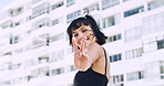 Travel, student and woman with peace sign in city, space and confident with scholarship for college. Outdoor, portrait and happy person with hand gesture, education and commuting to university