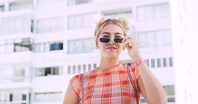 Buy stock photo City, student and woman with sunglasses for fashion, travel and serious with streetwear and attitude. Confident, outdoor and person with cool shades, casual and Gen z with stylish clothes in USA