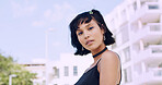 City, student and woman with pride for fashion, attitude and serious with scholarship for university. Commuting, portrait and person with college funding, space and confident with stylish clothes