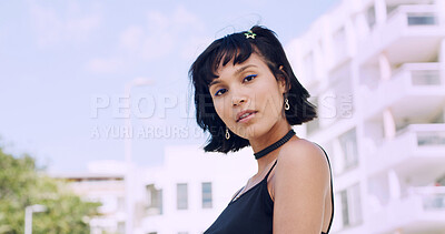 Buy stock photo City, student and woman with pride for fashion, portrait and serious with cool streetwear and space. Confident, outdoor and person with edgy outfit, casual or attitude with stylish clothes on weekend