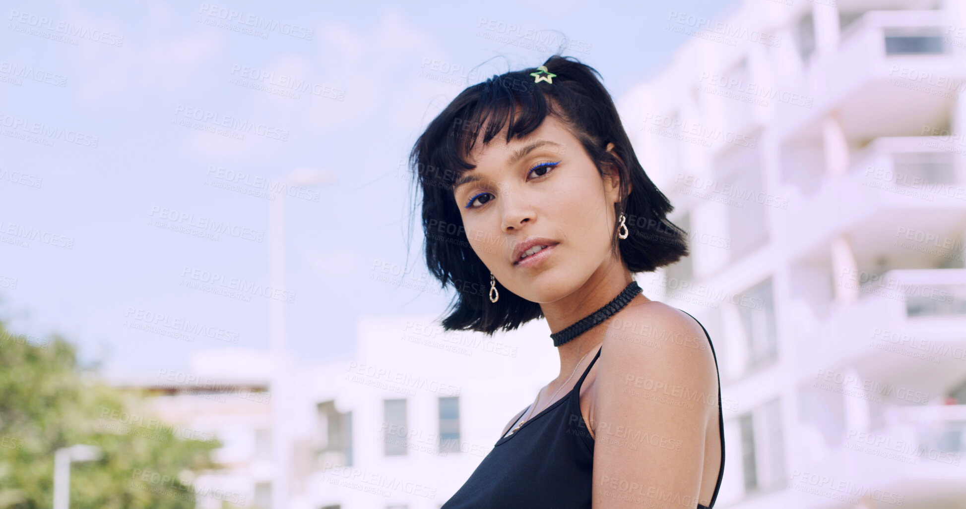 Buy stock photo City, student and woman with pride for fashion, portrait and serious with cool streetwear and space. Confident, outdoor and person with edgy outfit, casual or attitude with stylish clothes on weekend
