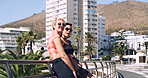 Relax, women and college student on campus in city for university, opportunity and confidence. Sunglasses, study break and happy friends in town for learning with knowledge, education and scholarship