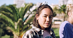 Portrait, woman and university student on campus in park for college, opportunity and confidence. Pride, study break and happy person in nature for learning with knowledge, education and scholarship