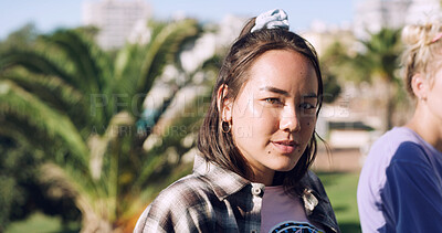 Buy stock photo Portrait, woman and university student on campus in park for college, opportunity and confidence. Pride, study break and happy person in nature for development with school, education and scholarship