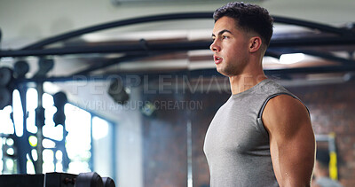 Buy stock photo Thinking, sweaty and man with fitness in gym, workout burnout and tired for strength training break. Reflection, fatigue or bodybuilder with exercise pause in sports club, serious or planning routine