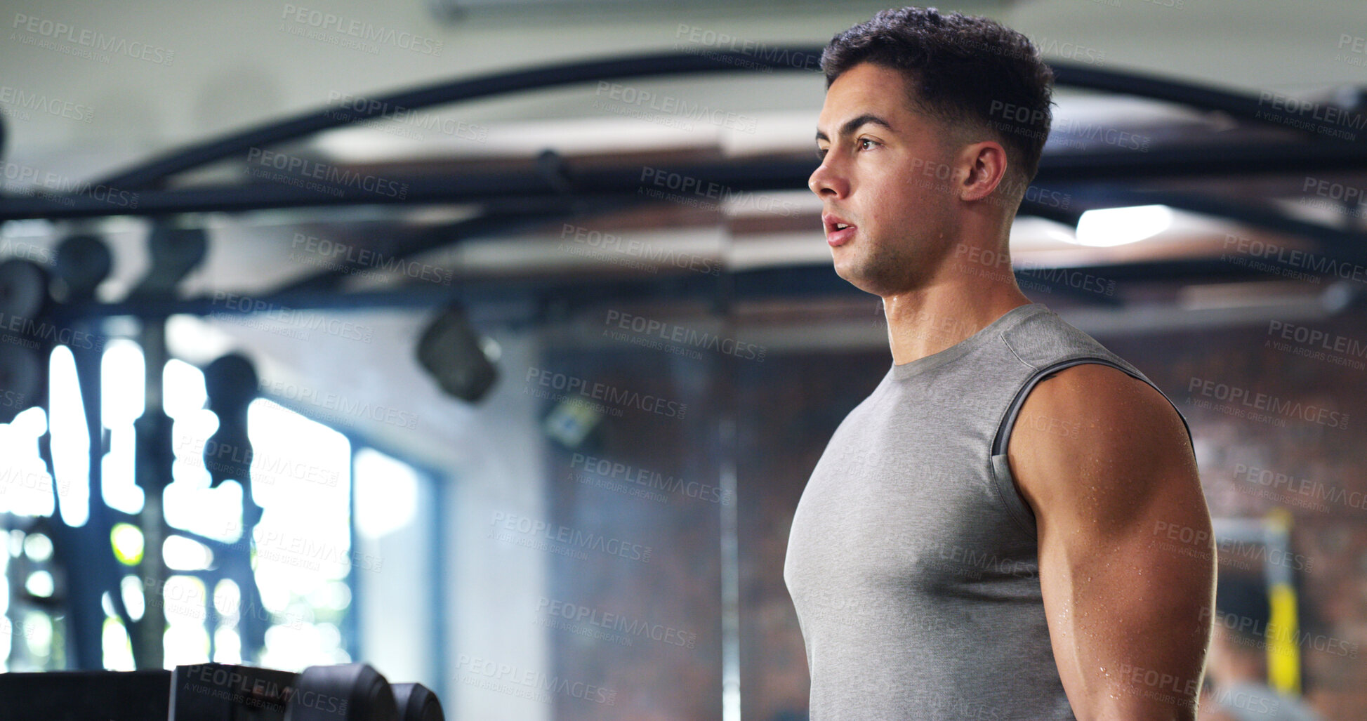 Buy stock photo Thinking, sweaty and man with fitness in gym, workout burnout and tired for strength training break. Reflection, fatigue or bodybuilder with exercise pause in sports club, serious or planning routine
