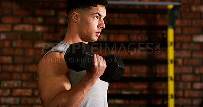 Buy stock photo Fitness, serious or man with dumbbell in gym, strength challenge or routine for muscle development. Exercise, bicep training or bodybuilder with weightlifting in sport club, active or intense workout