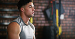 Thinking, sweaty or tired man with fitness in gym, workout burnout or plan routine on training break. Reflection, fatigue or athlete with exercise pause in sports club, space or practice decision
