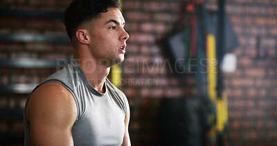 Buy stock photo Thinking, sweaty or tired man with fitness in gym, workout burnout or plan routine on training break. Reflection, fatigue or athlete with exercise pause in sports club, space or practice decision