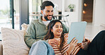 Couple, relax and scroll on tablet in lounge, commitment or search for house on real estate website. Love, man and woman with tech for home loan application, bonding and happy for good credit score
