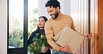 New home, happy and couple with boxes at front door for moving day, property investment and relocation. Real estate, marriage and man with woman with cardboard for mortgage, dream house and purchase