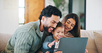 Laptop, laugh and parents with child on sofa in home for watching movie, series or show together. Relax, bonding and girl kid with mother and father in living room for streaming film on computer.