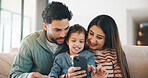 Happy, family and child with phone in home, entertainment or watching film on social media in lounge. People, together and streaming movies with mobile, love and bonding with daughter in living room