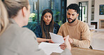 Paperwork, conversation and businesswoman with couple in home for mortgage loan application. Discussion, documents and financial advisor with people for investment or savings contract in apartment.